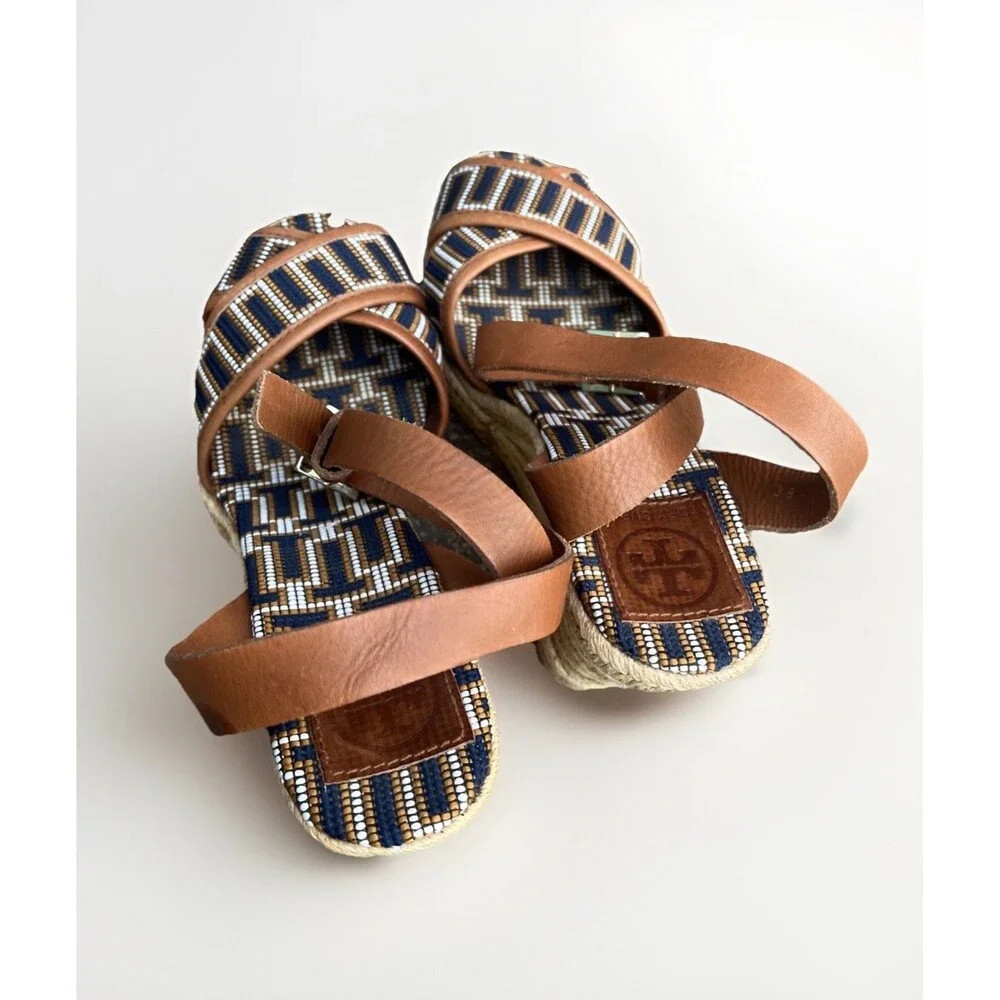 Tory Burch Gemini Link Espadrille Wedge Sandals Leather Spain Women’s 8